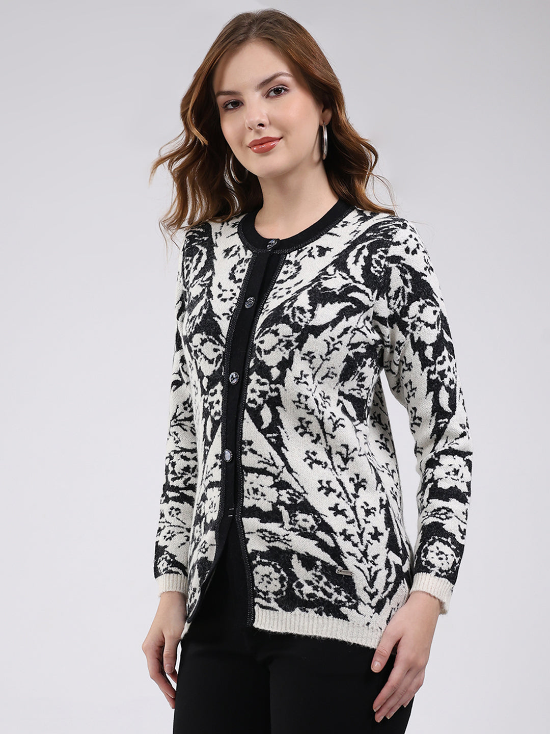Women Off White Printed Round Neck Full Sleeve Cardigan