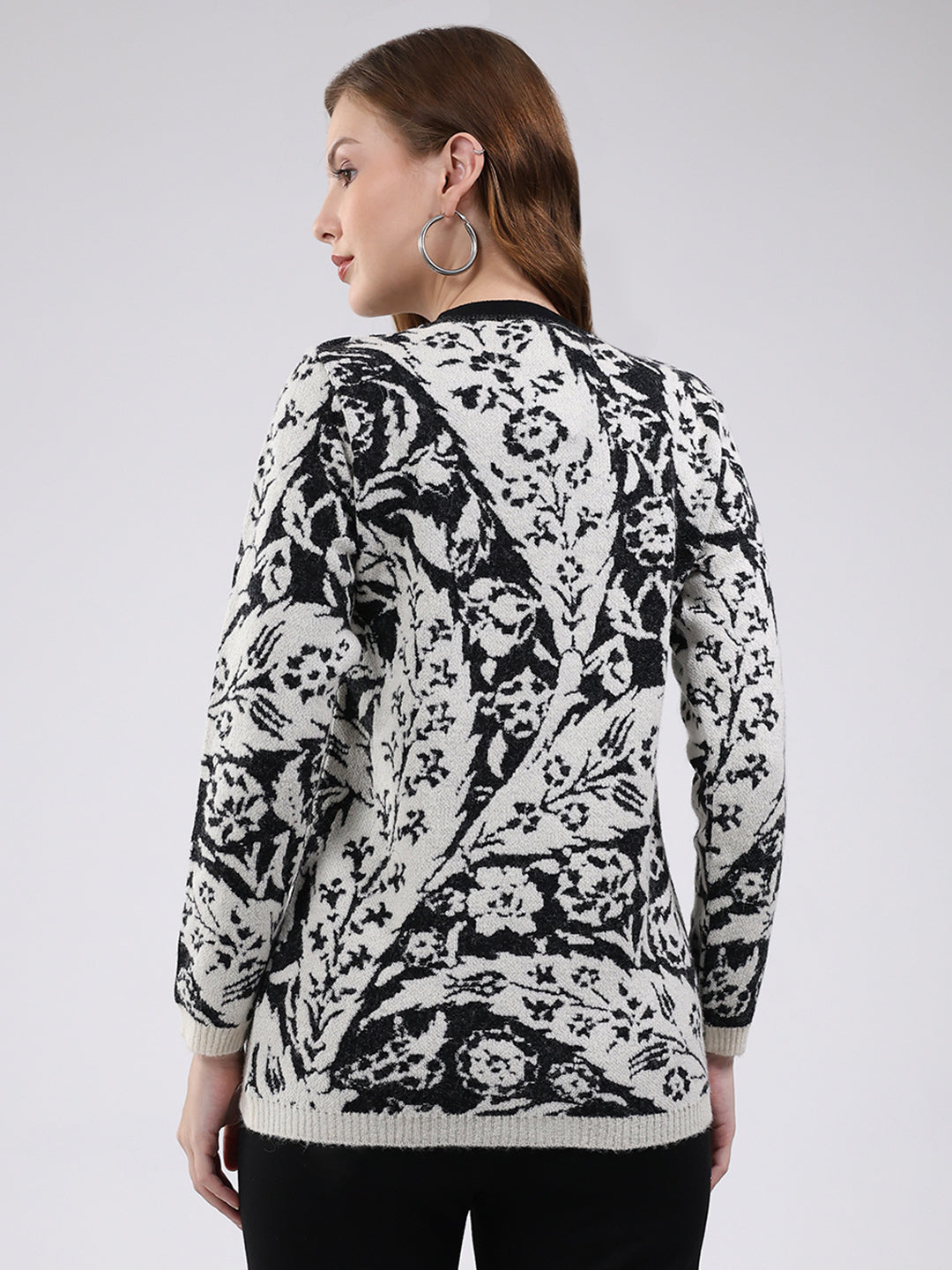 Women Off White Printed Round Neck Full Sleeve Cardigan