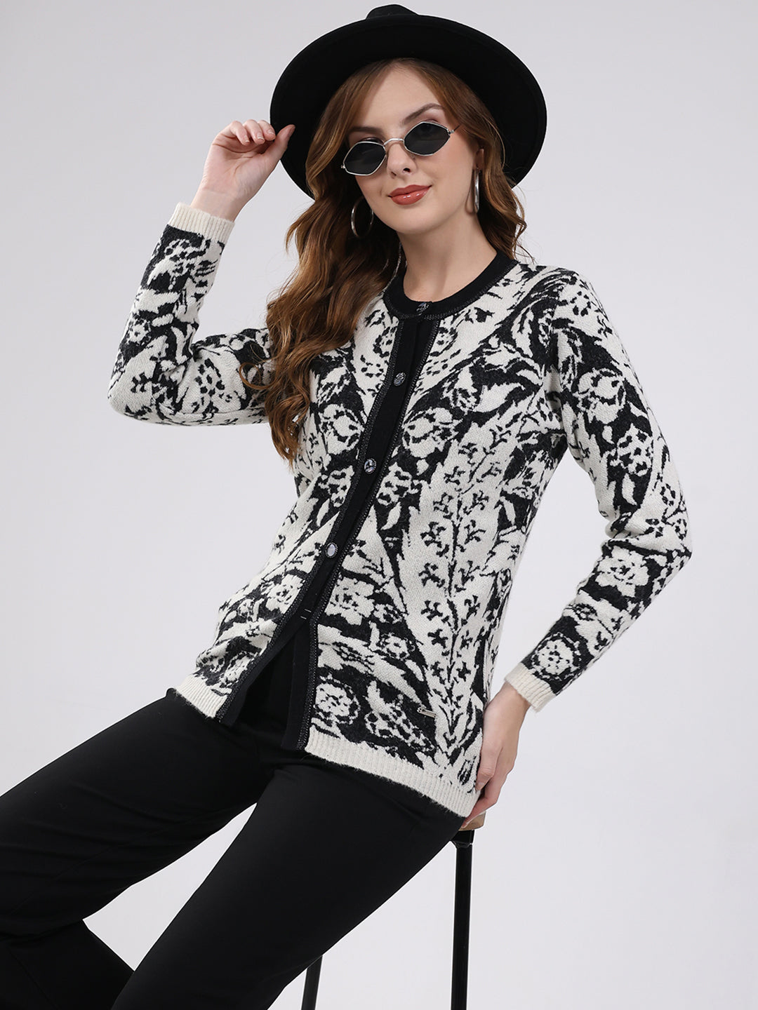 Women Off White Printed Round Neck Full Sleeve Cardigan