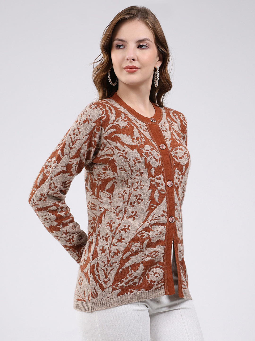 Women Rust Printed Round Neck Full Sleeve Cardigan