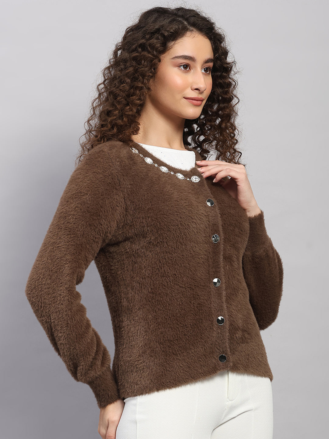 Women Brown Jaquard Round Neck Full Sleeve Cardigan