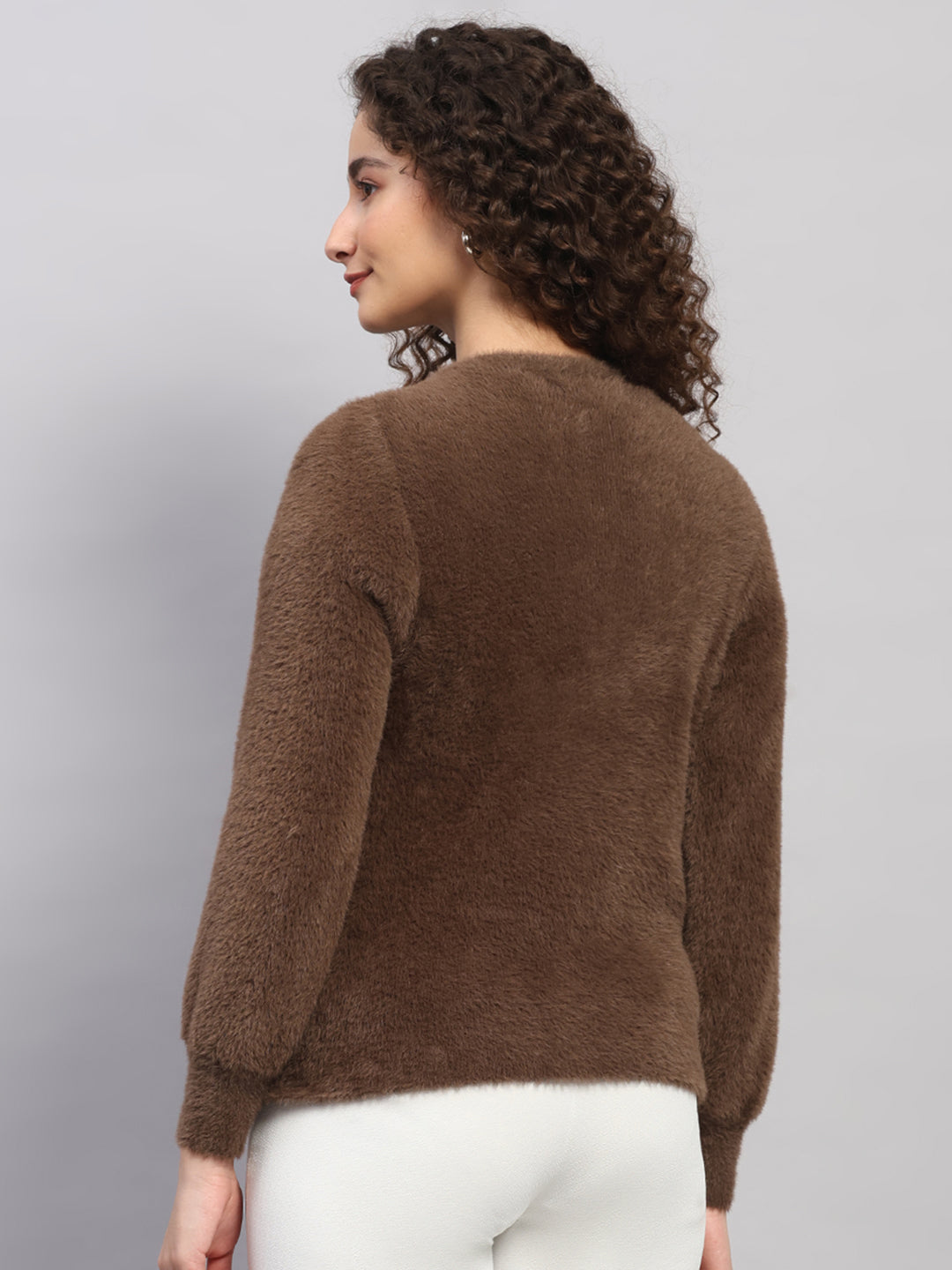 Women Brown Jaquard Round Neck Full Sleeve Cardigan