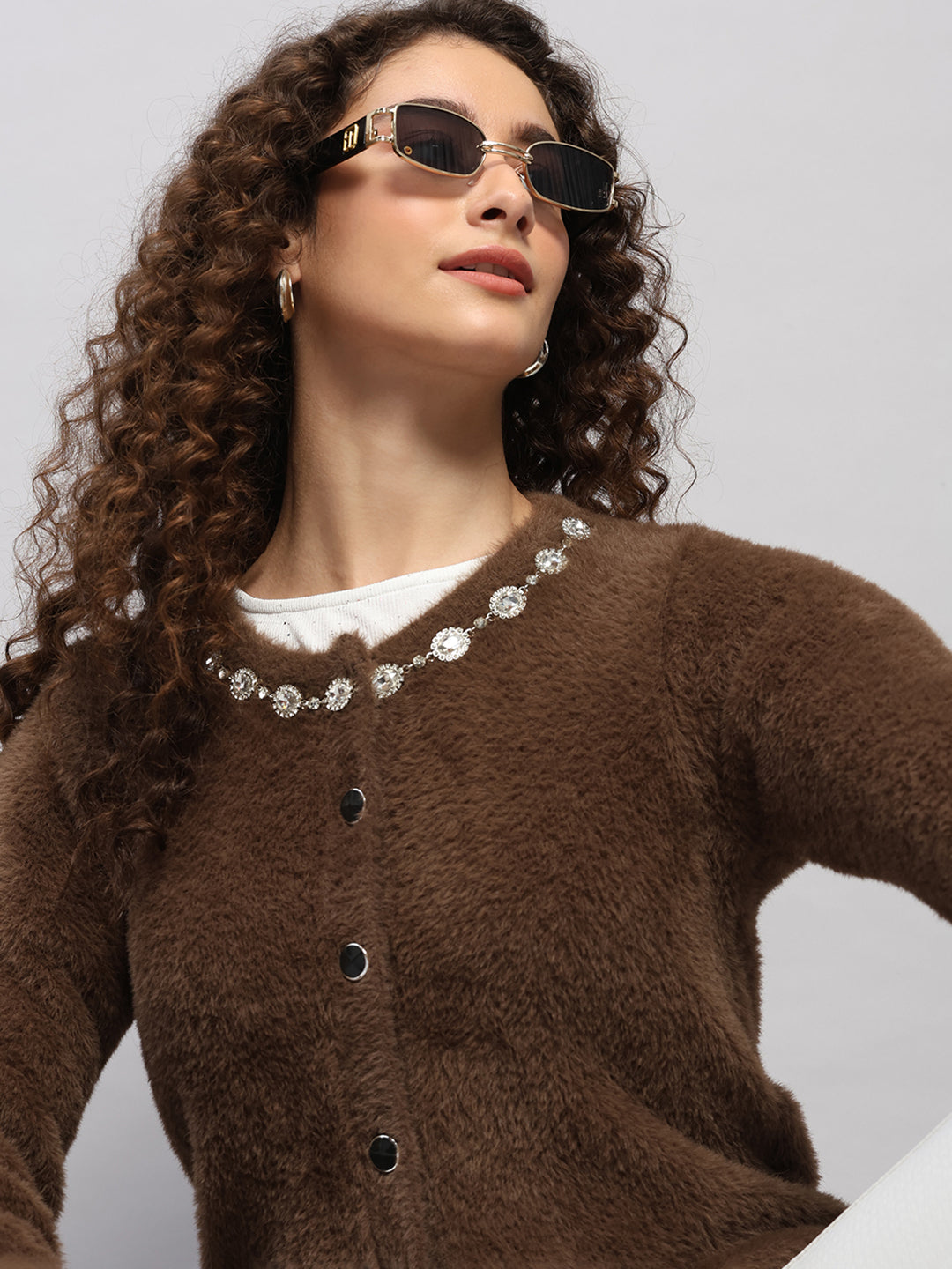 Women Brown Jaquard Round Neck Full Sleeve Cardigan
