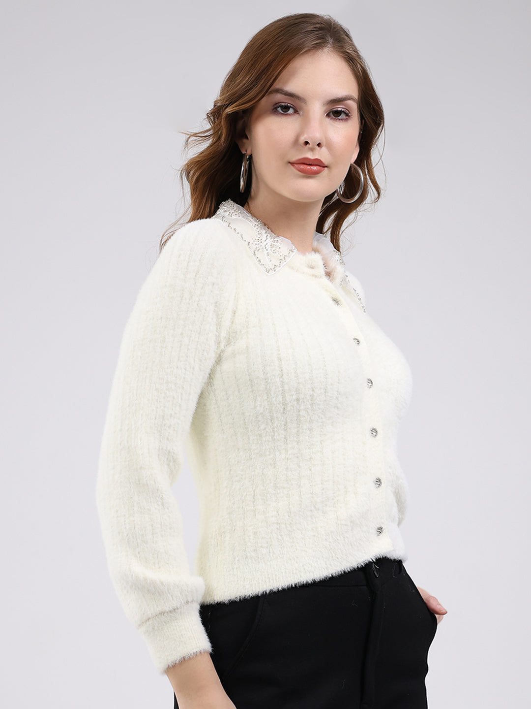 Women White Self Design Collar Full Sleeve Cardigan