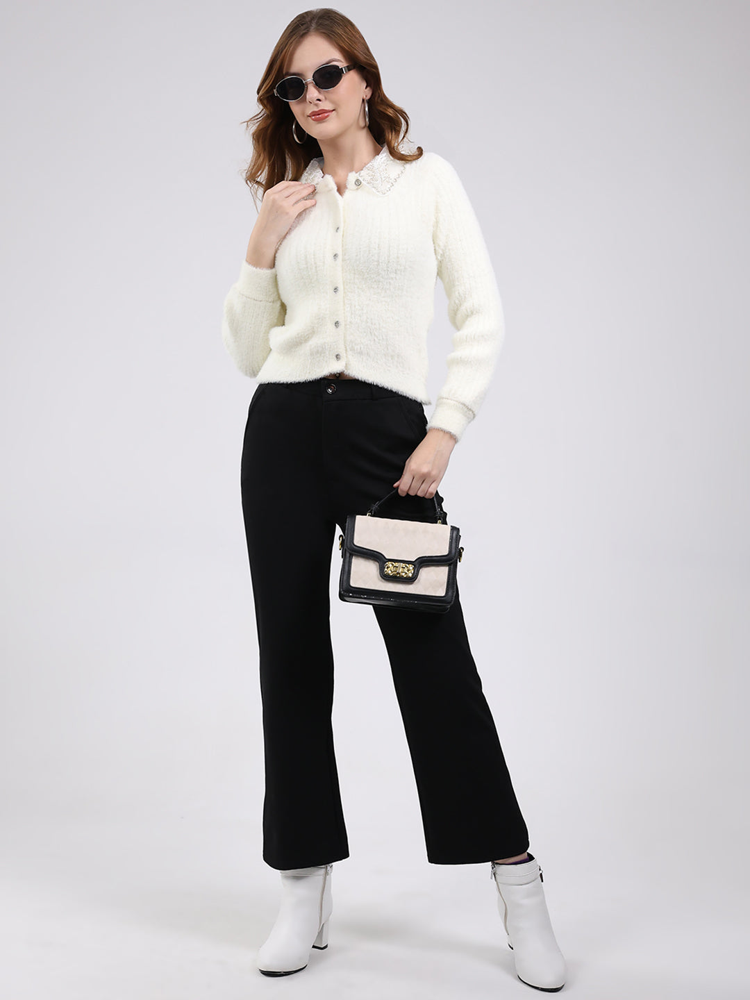 Women White Self Design Collar Full Sleeve Cardigan