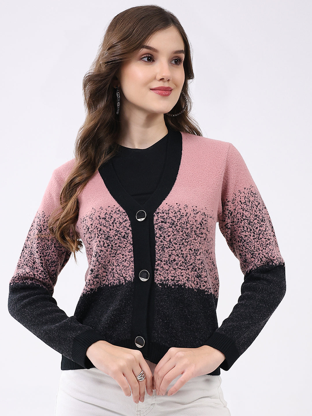 Women Black & Pink Self Design V Neck Full Sleeve Cardigan