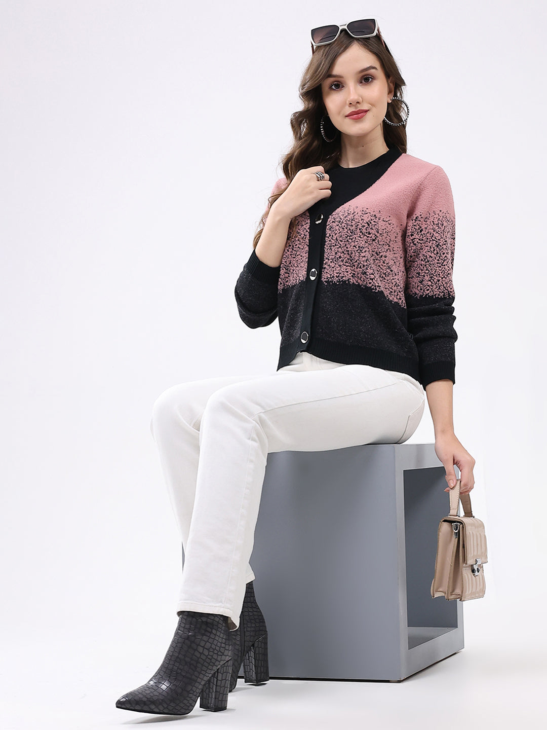 Women Black & Pink Self Design V Neck Full Sleeve Cardigan