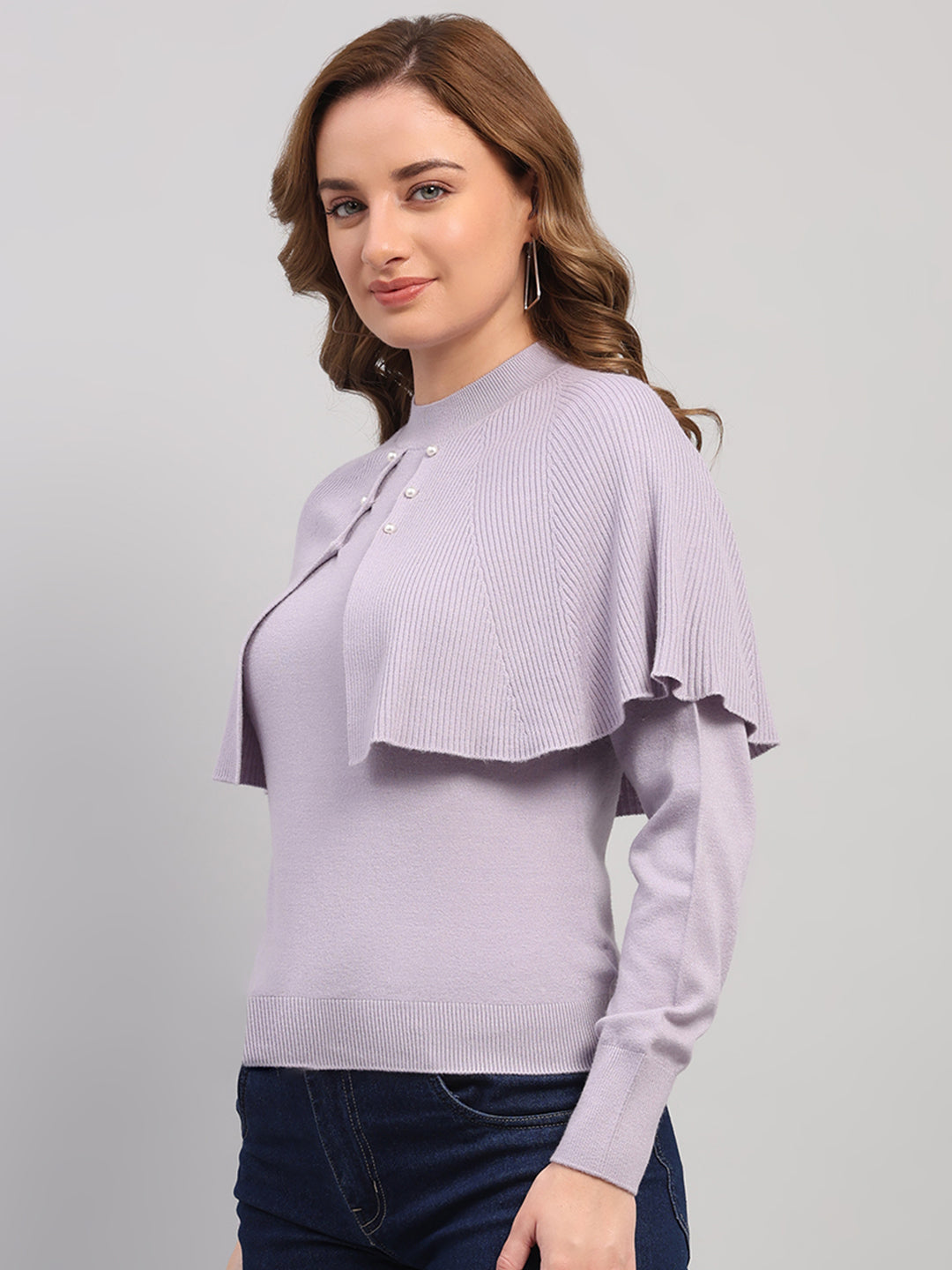 Women Light Grey Self Design Round Neck Full Sleeve Winter Top