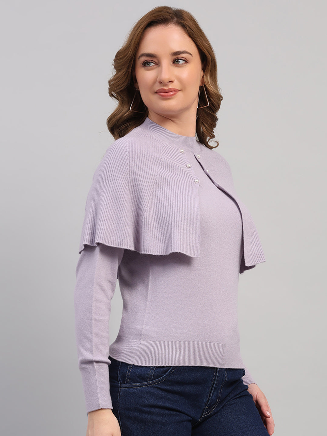 Women Light Grey Self Design Round Neck Full Sleeve Winter Top