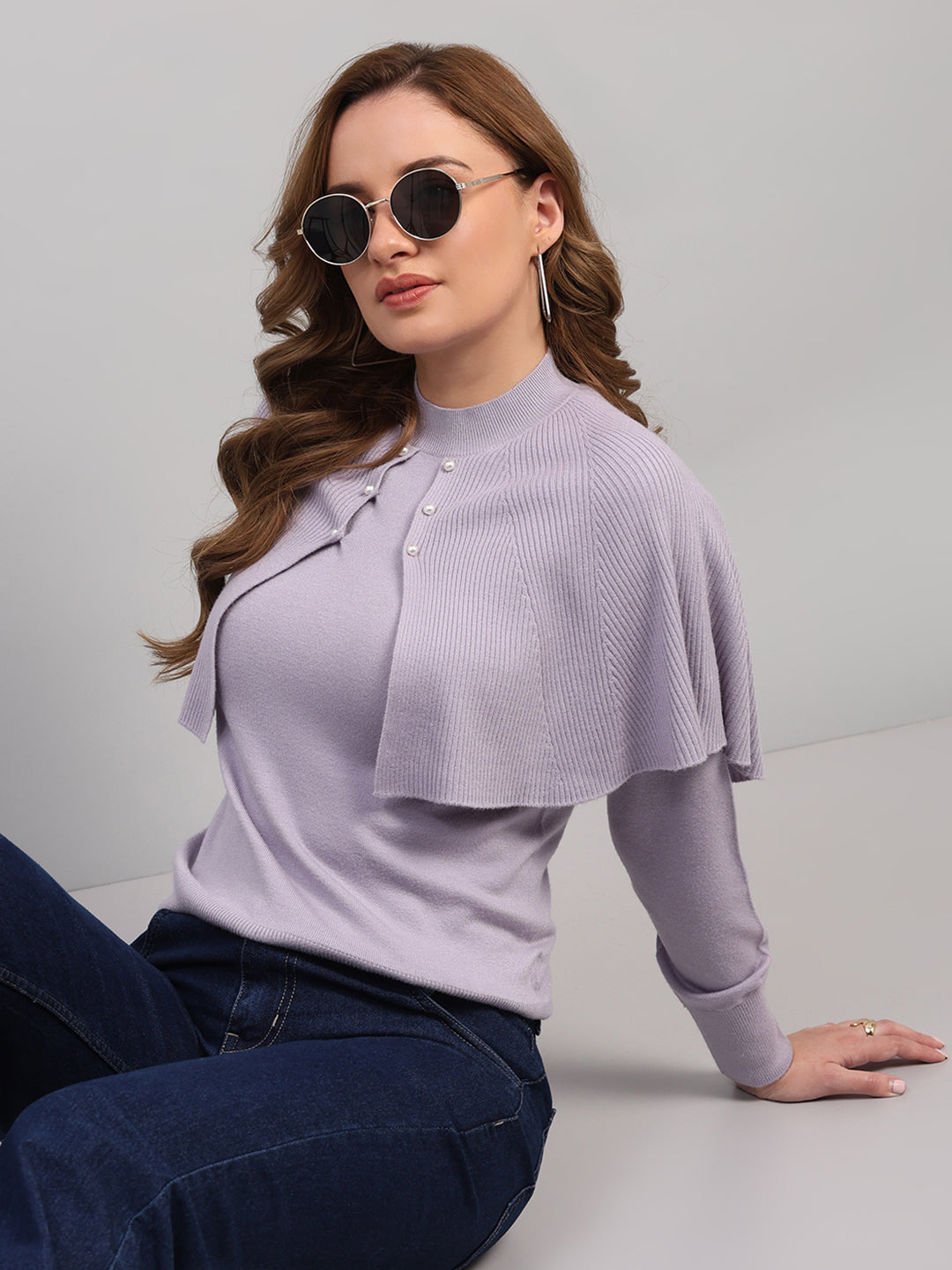 Women Light Grey Self Design Round Neck Full Sleeve Winter Top