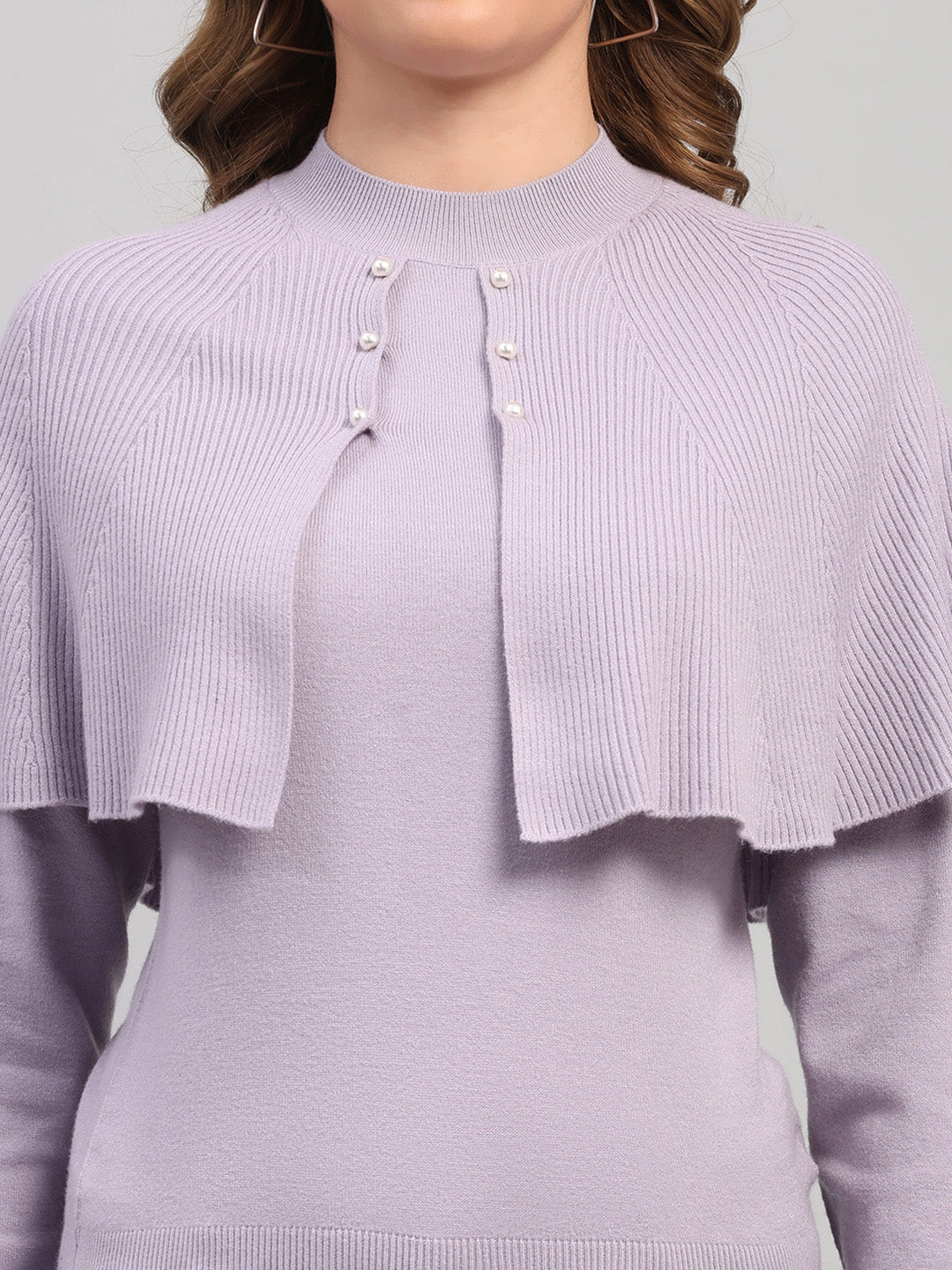Women Light Grey Self Design Round Neck Full Sleeve Winter Top