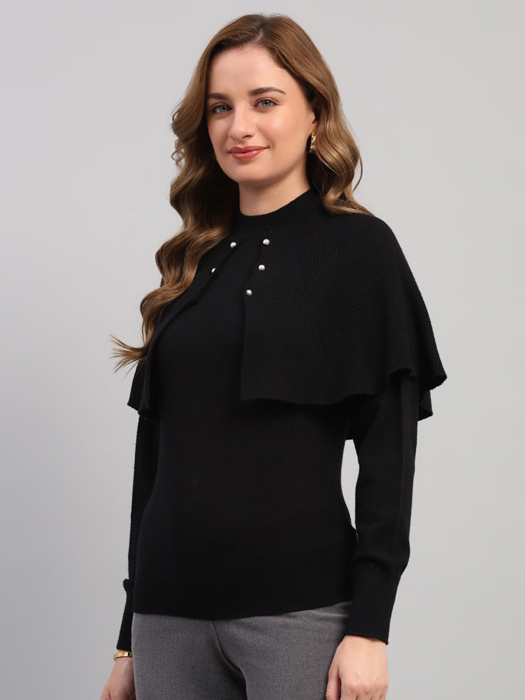 Women Black Self Design Round Neck Full Sleeve Winter Top