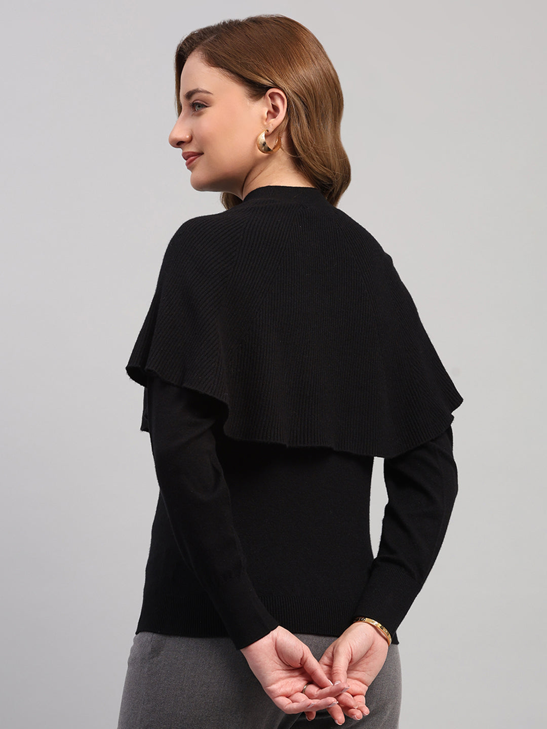 Women Black Self Design Round Neck Full Sleeve Winter Top
