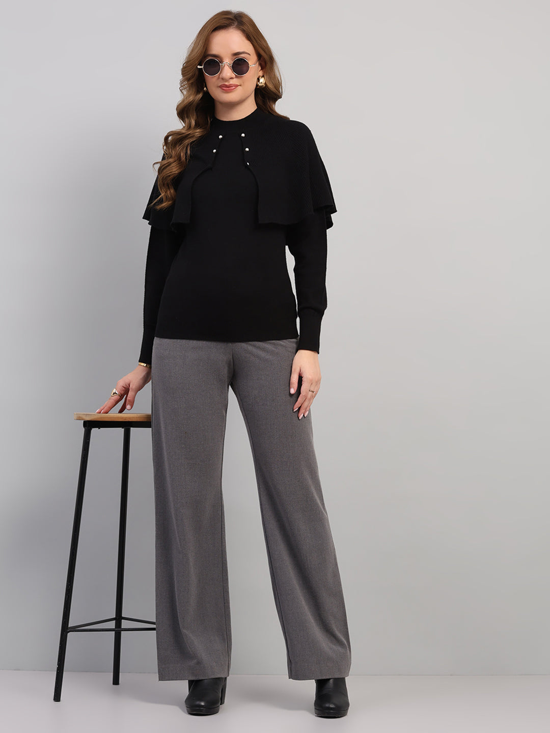 Women Black Self Design Round Neck Full Sleeve Winter Top