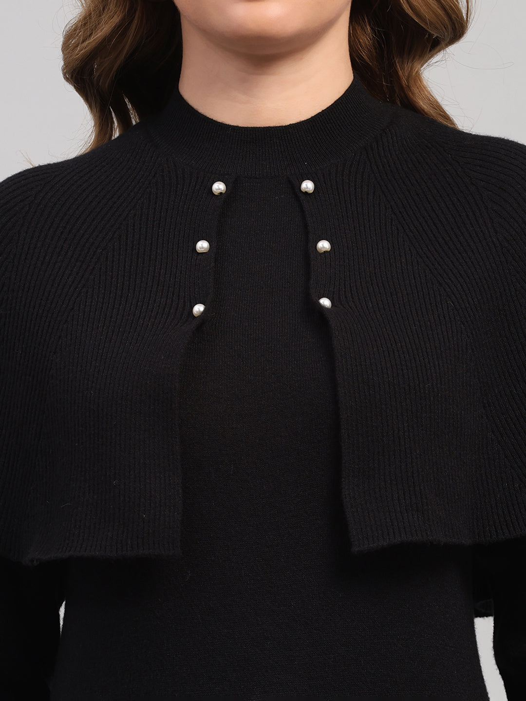 Women Black Self Design Round Neck Full Sleeve Winter Top
