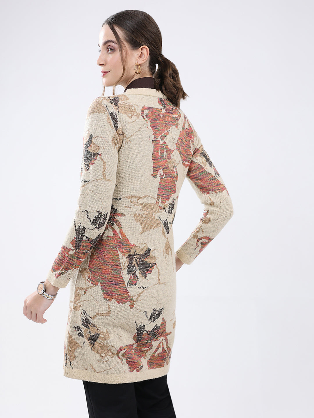 Women Beige Self Design Round Neck Full Sleeve Cardigan
