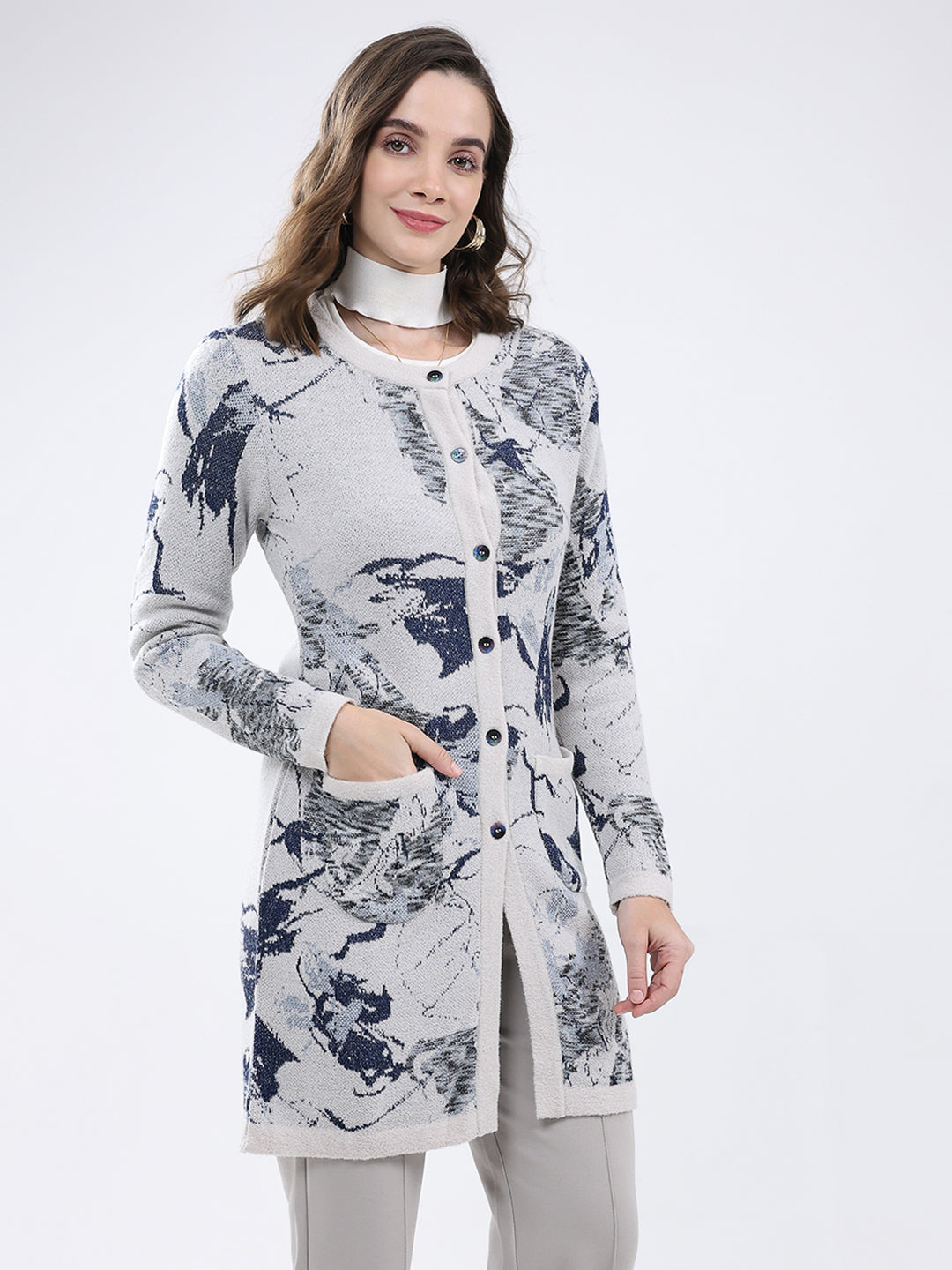 Women Grey Self Design Round Neck Full Sleeve Cardigan