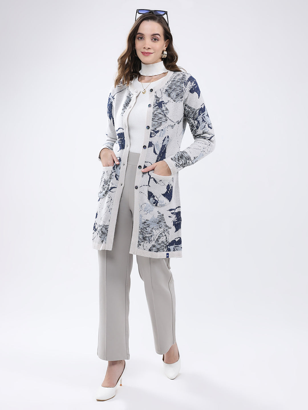 Women Grey Self Design Round Neck Full Sleeve Cardigan