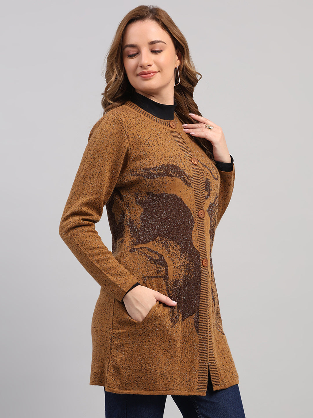 Women Camel Brown Printed Round Neck Full Sleeve Cardigan
