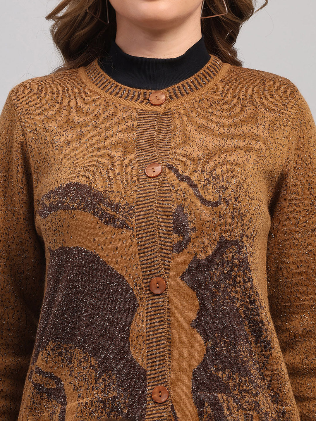 Women Camel Brown Printed Round Neck Full Sleeve Cardigan