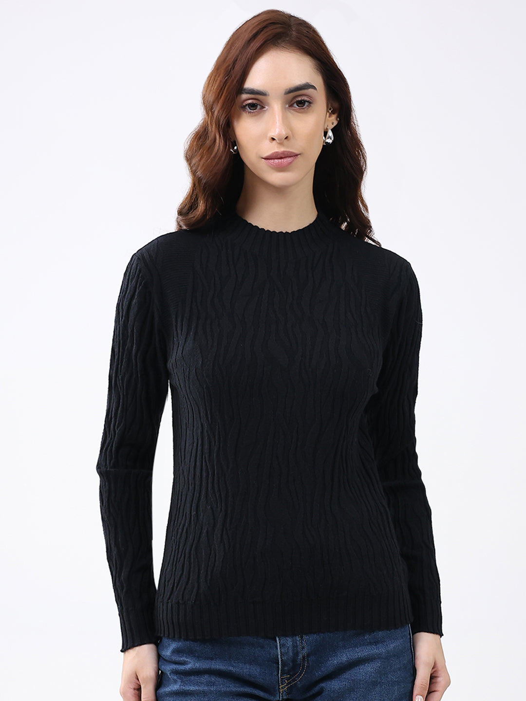 Women Black Self Design Round Neck Full Sleeve Winter Top