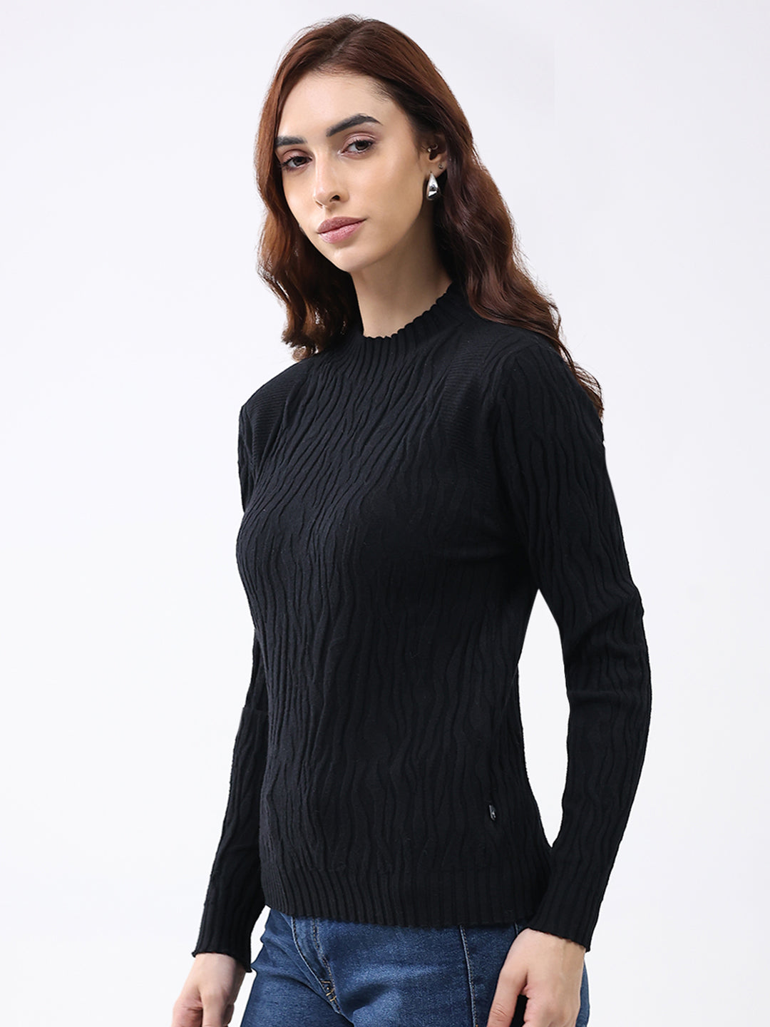 Women Black Self Design Round Neck Full Sleeve Winter Top