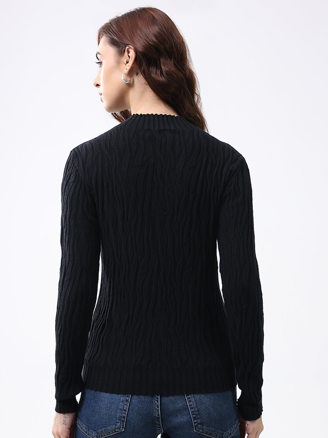 Women Black Self Design Round Neck Full Sleeve Winter Top