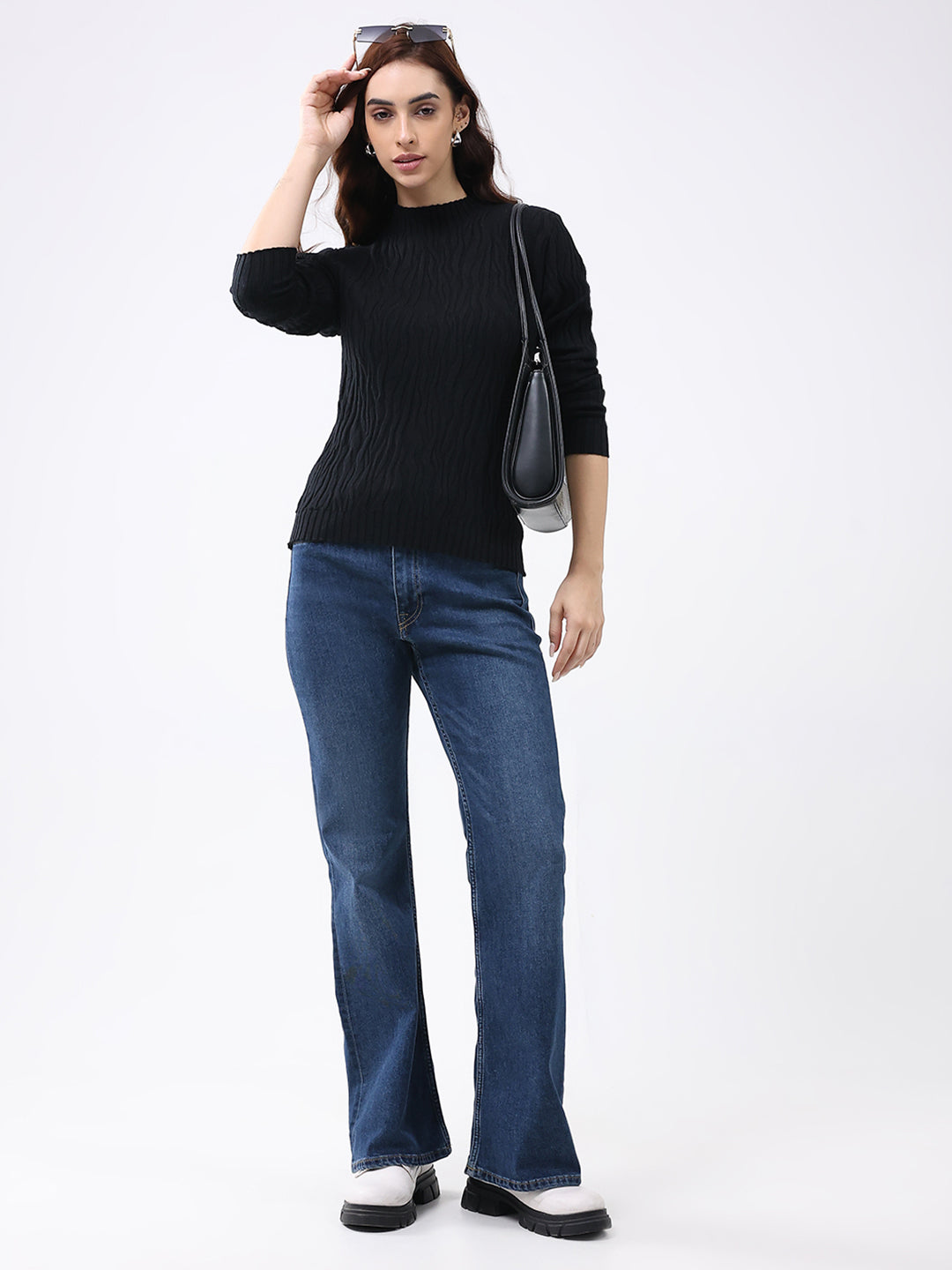 Women Black Self Design Round Neck Full Sleeve Winter Top