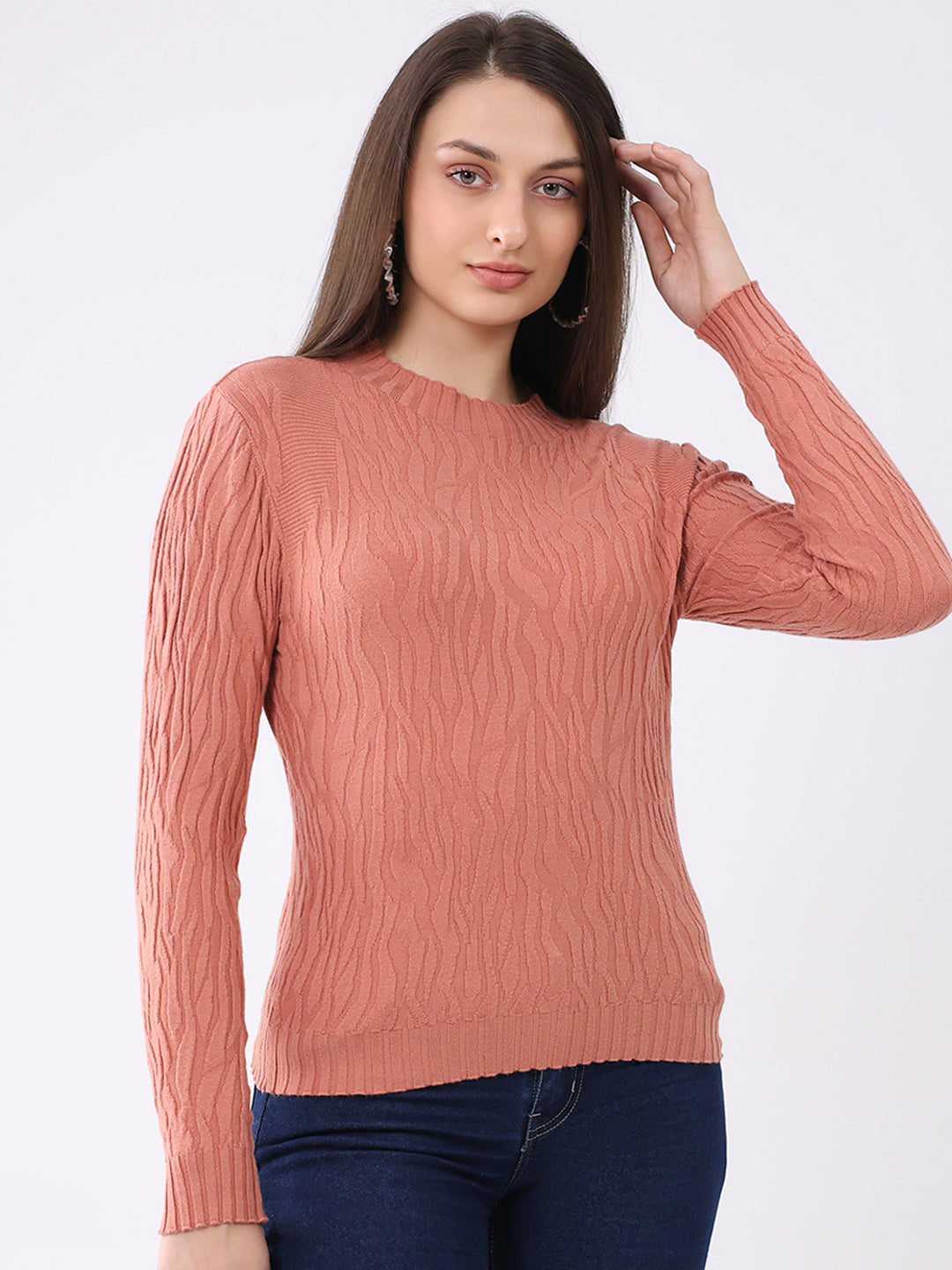 Women Rust Self Design Round Neck Full Sleeve Winter Top