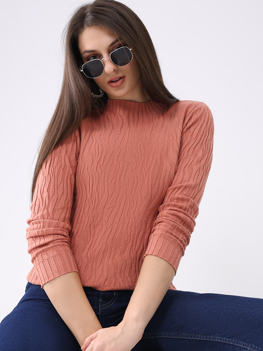 Women Rust Self Design Round Neck Full Sleeve Winter Top