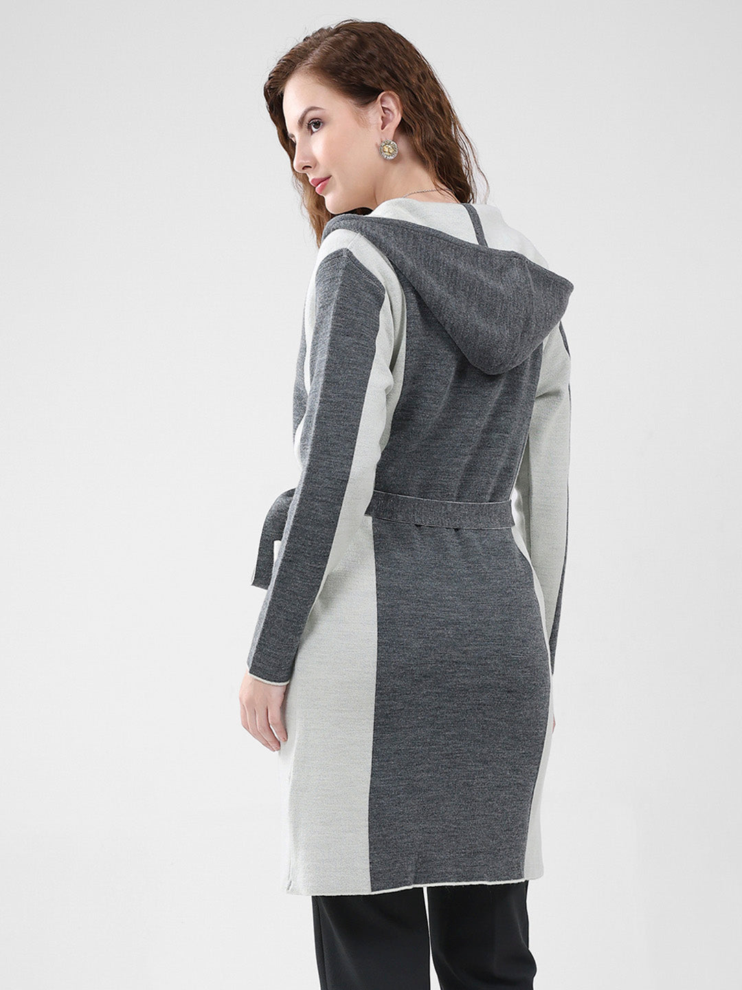 Women Grey Solid Hooded Full Sleeve Cardigan