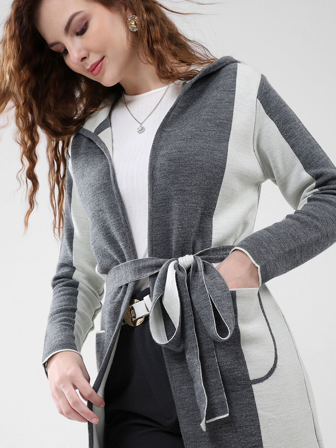 Women Grey Solid Hooded Full Sleeve Cardigan