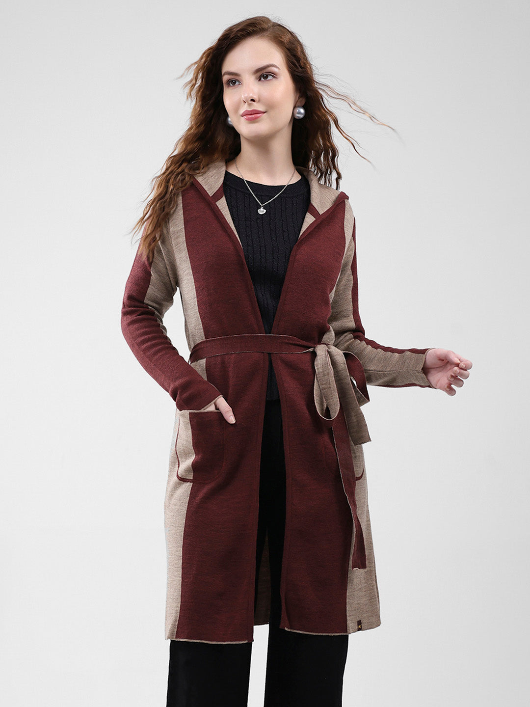 Women Maroon Solid Hooded Full Sleeve Cardigan