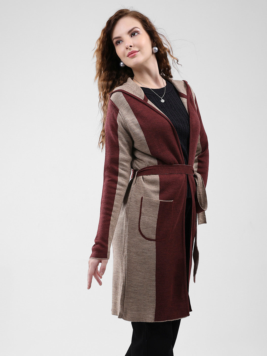 Women Maroon Solid Hooded Full Sleeve Cardigan