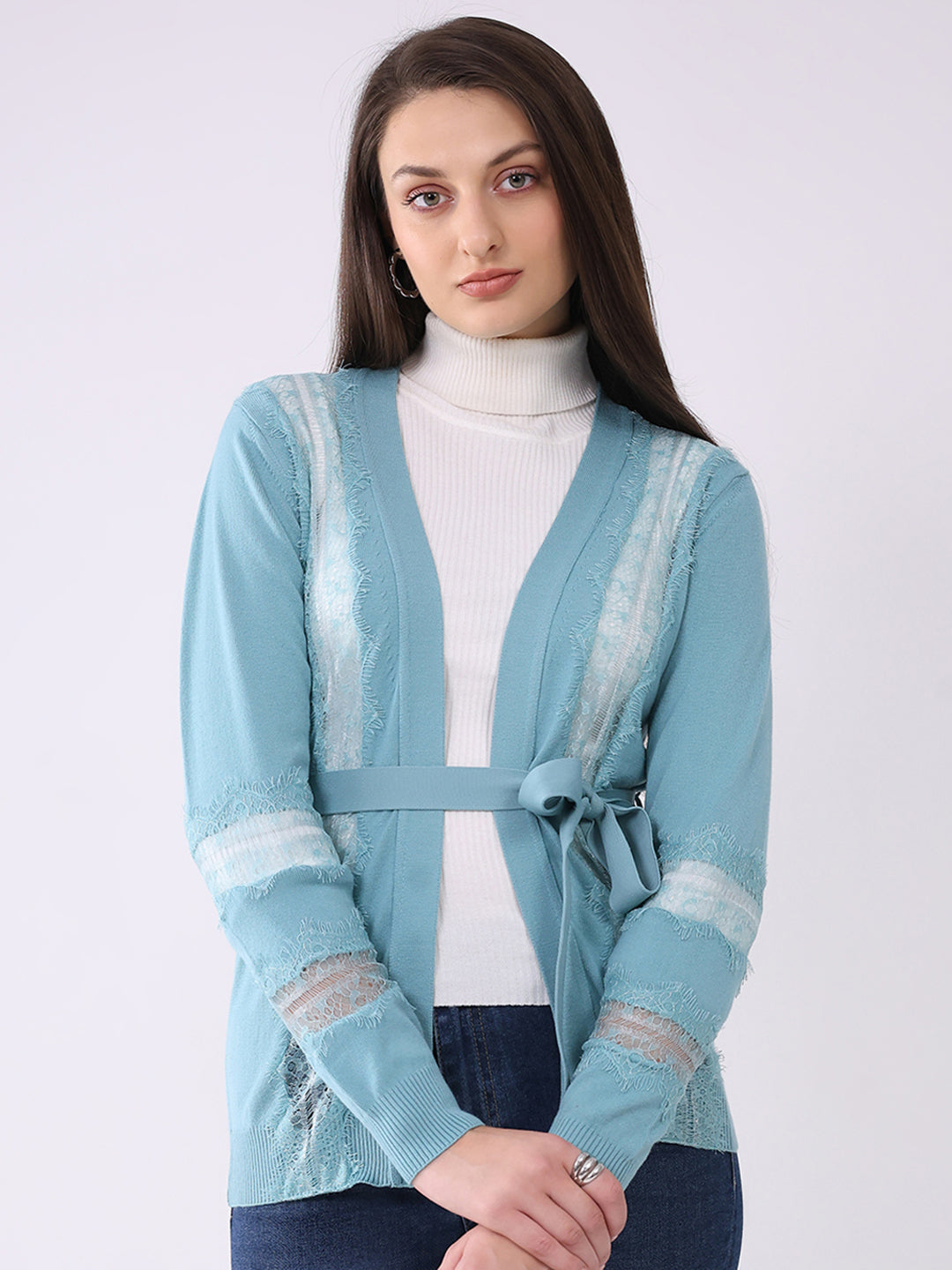 Women Blue Self Design Front Open Full Sleeve Cardigan