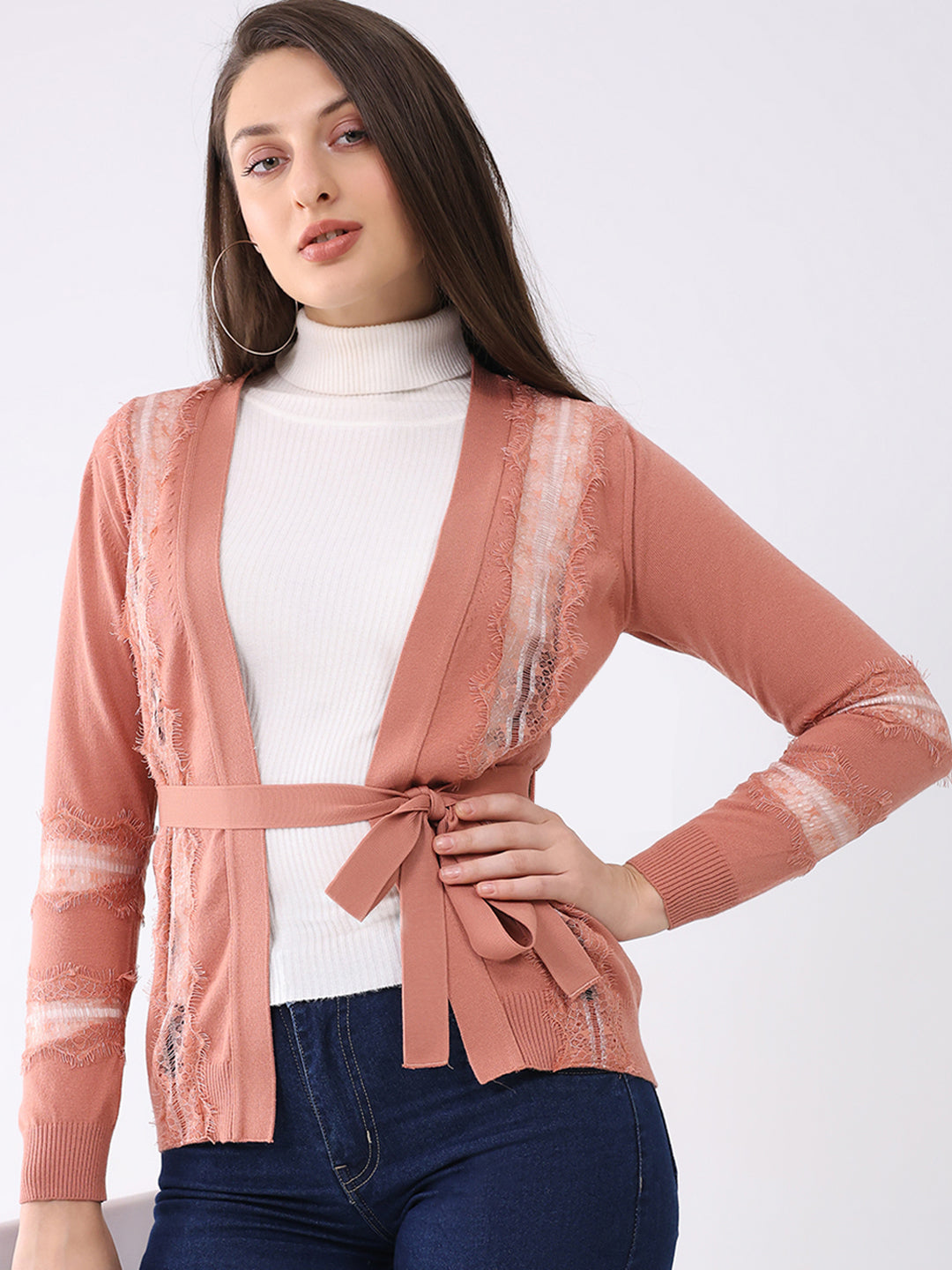 Women Pink Self Design Front Open Full Sleeve Cardigan