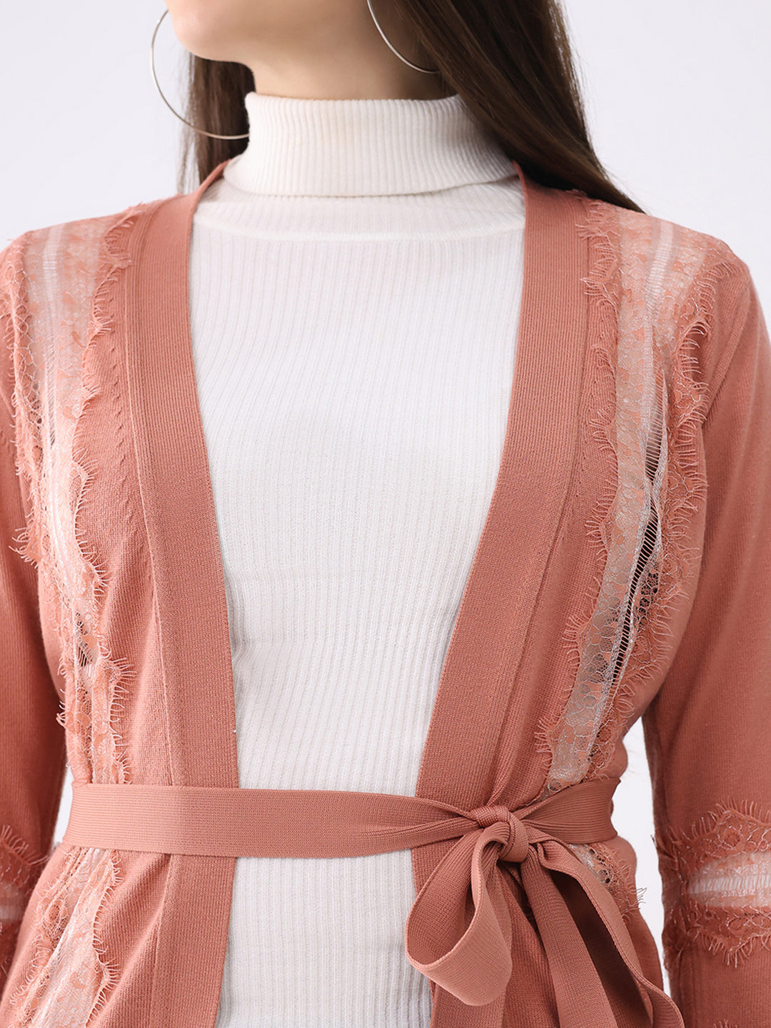 Women Pink Self Design Front Open Full Sleeve Cardigan