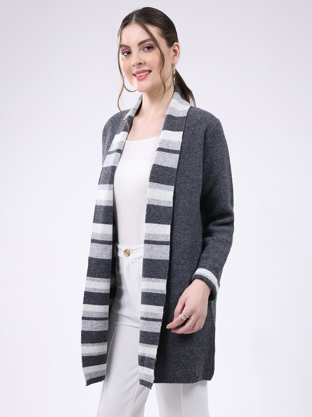 Women Grey Self Design Notch Lapel Collar Full Sleeve Cardigan