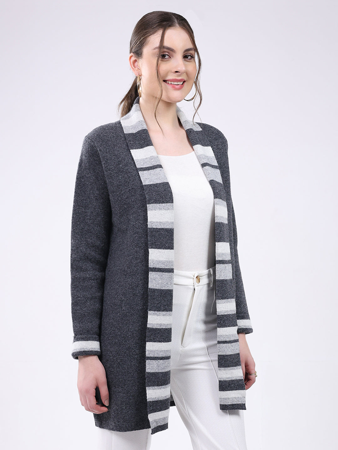 Women Grey Self Design Notch Lapel Collar Full Sleeve Cardigan