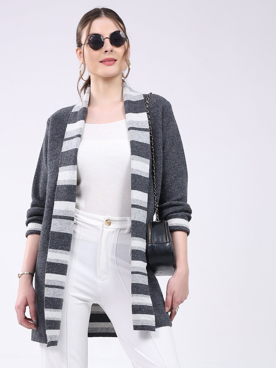 Women Grey Self Design Notch Lapel Collar Full Sleeve Cardigan