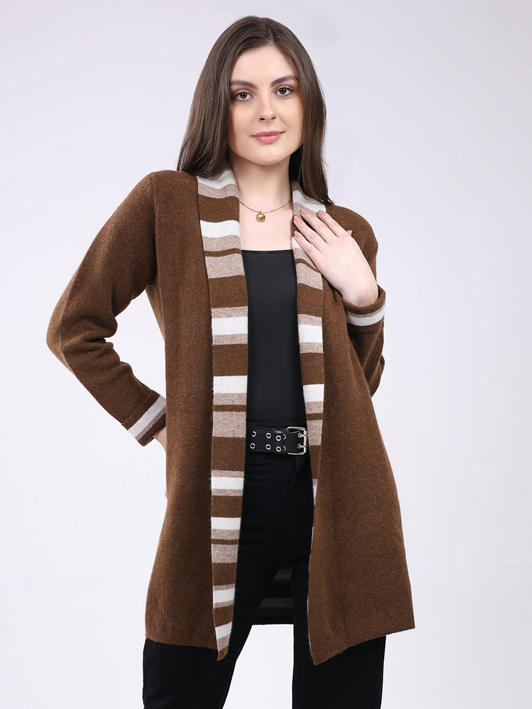 Women Brown Self Design Notch Lapel Collar Full Sleeve Cardigan