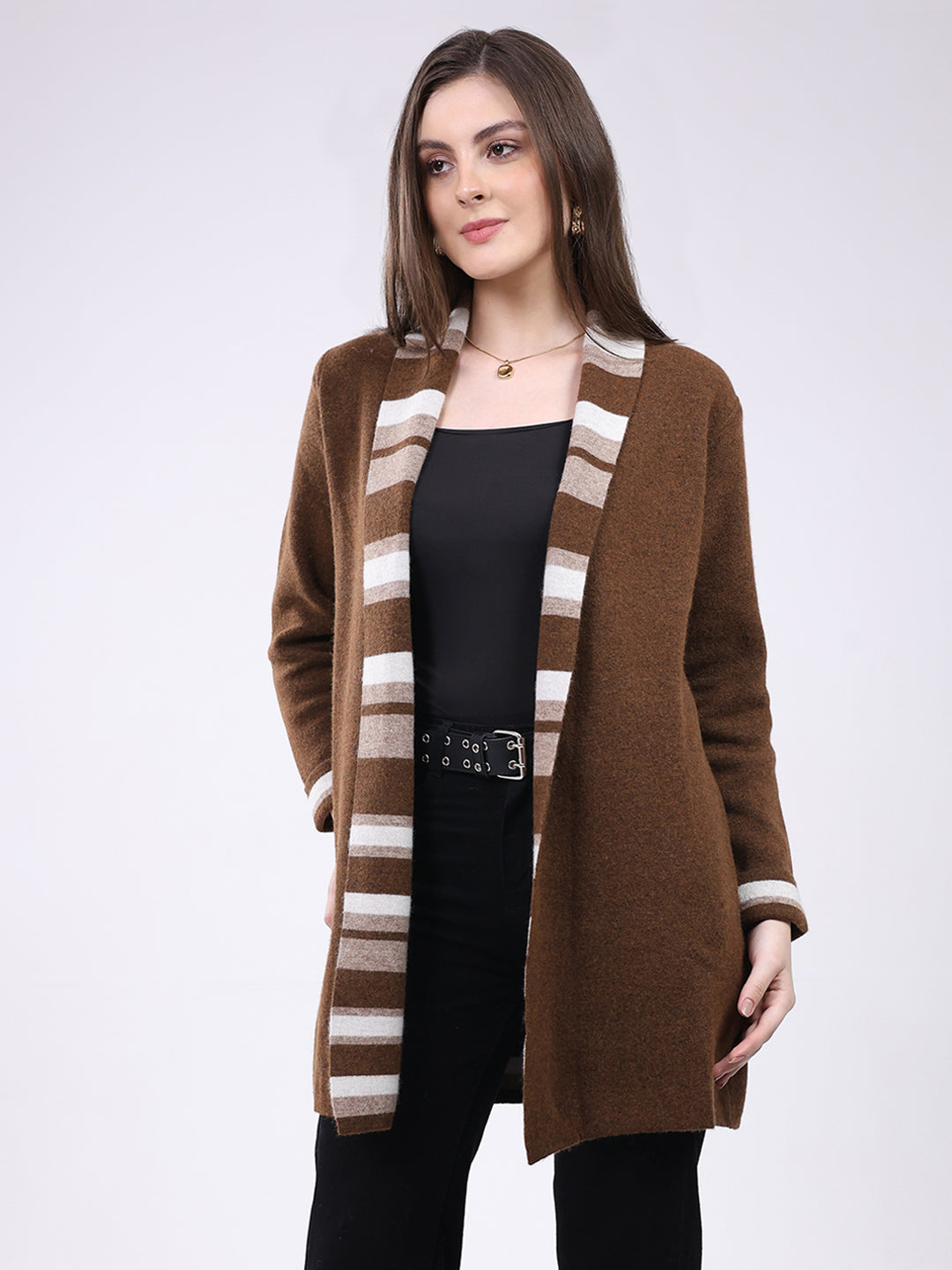 Women Brown Self Design Notch Lapel Collar Full Sleeve Cardigan