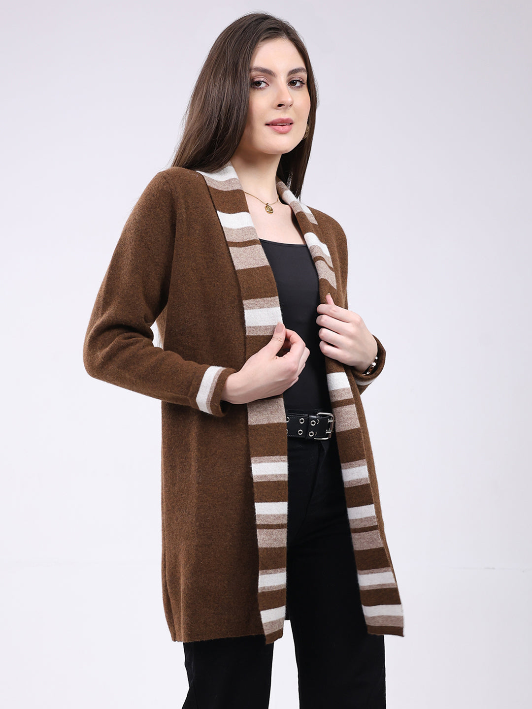 Women Brown Self Design Notch Lapel Collar Full Sleeve Cardigan