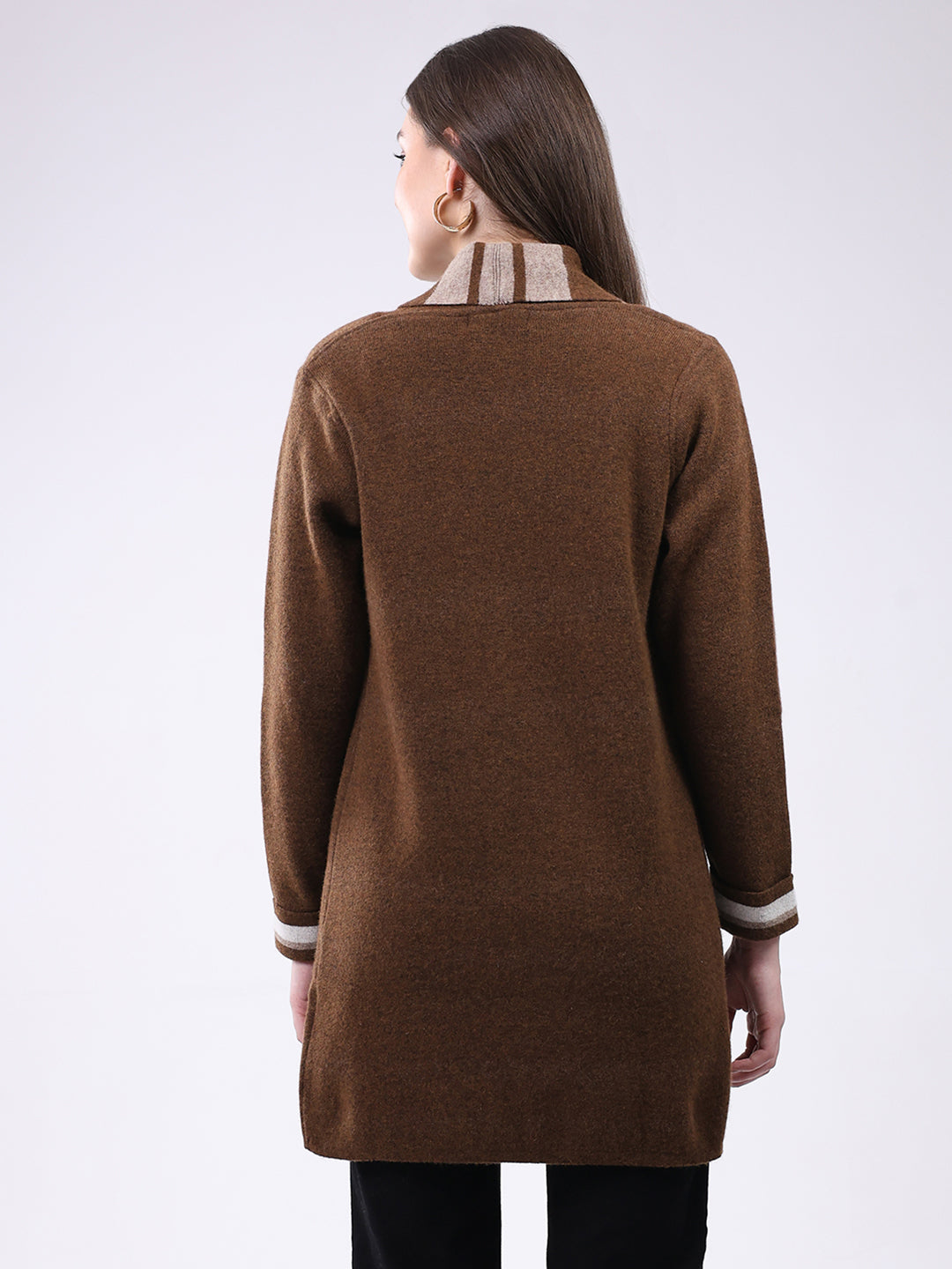 Women Brown Self Design Notch Lapel Collar Full Sleeve Cardigan