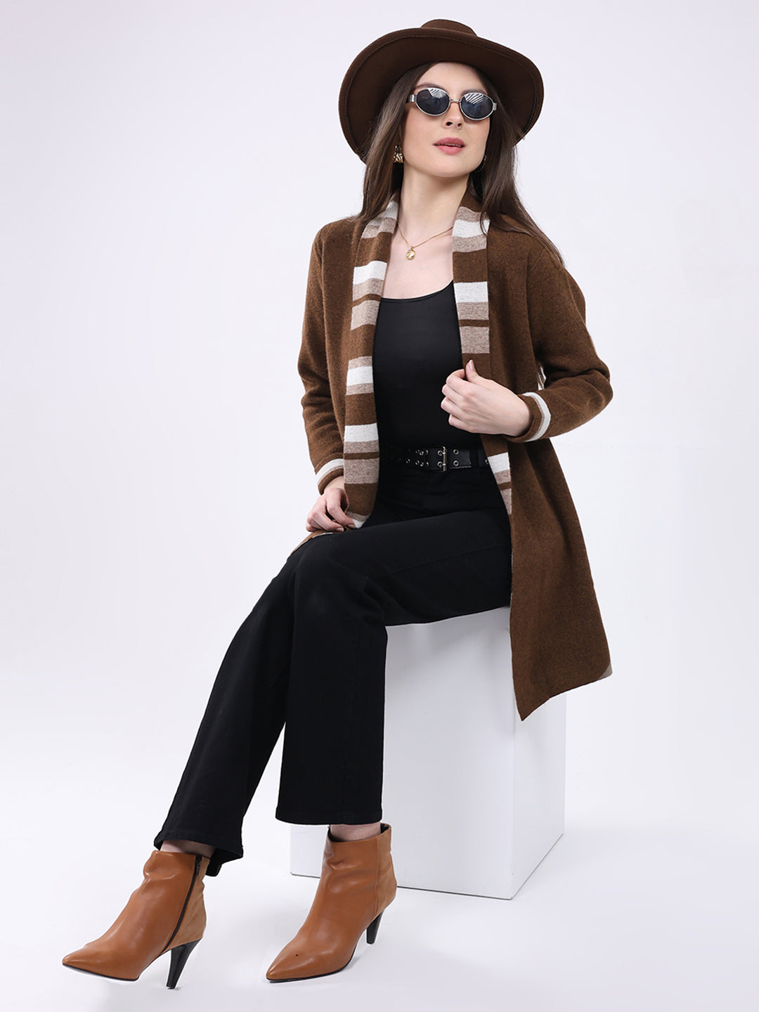 Women Brown Self Design Notch Lapel Collar Full Sleeve Cardigan