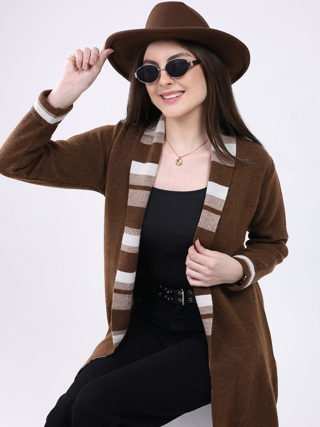 Women Brown Self Design Notch Lapel Collar Full Sleeve Cardigan