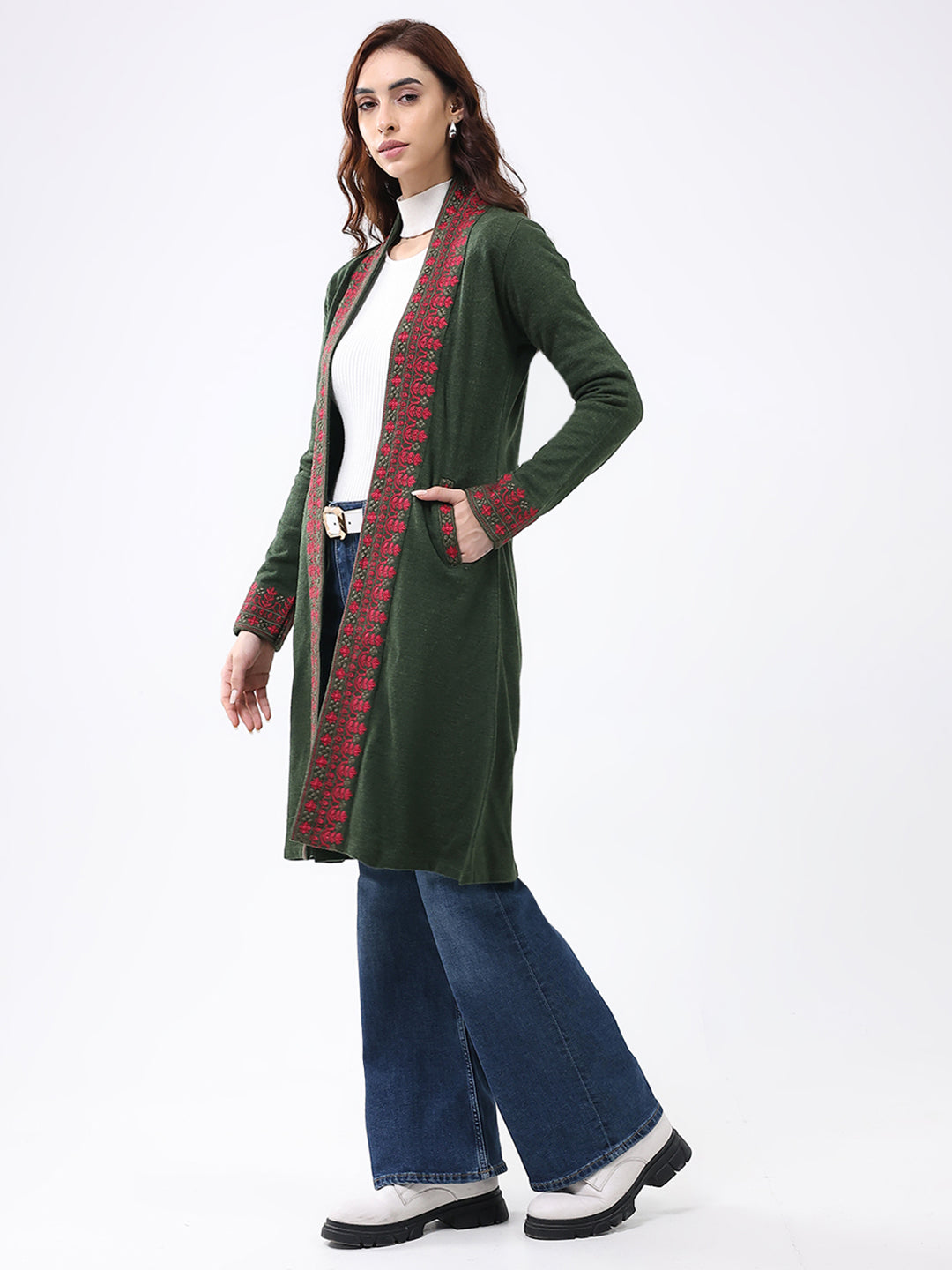 Women Olive Self Design Collar Full Sleeve Cardigan