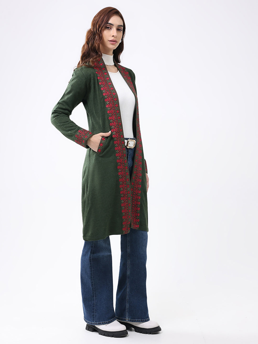 Women Olive Self Design Collar Full Sleeve Cardigan