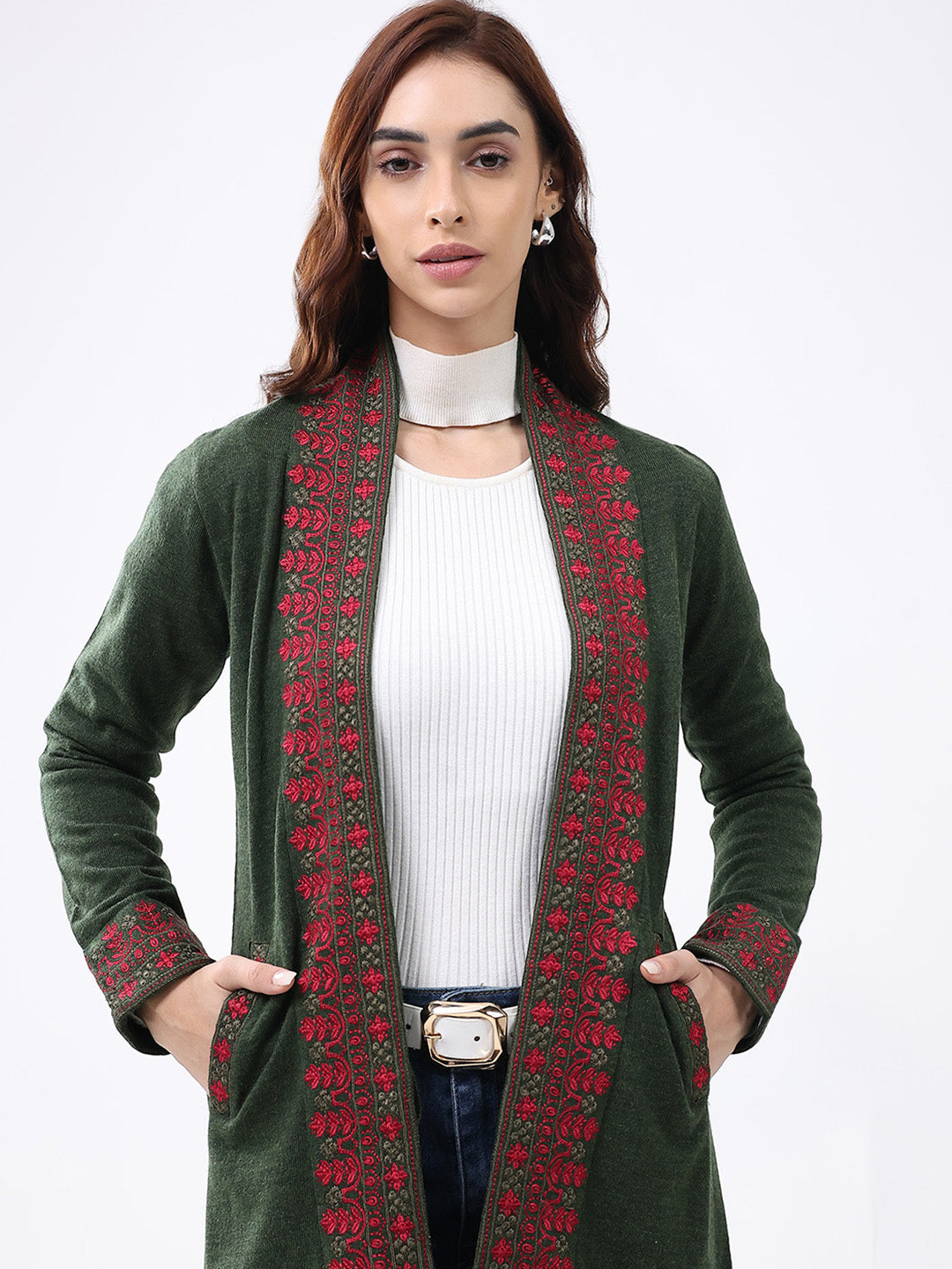 Women Olive Self Design Collar Full Sleeve Cardigan