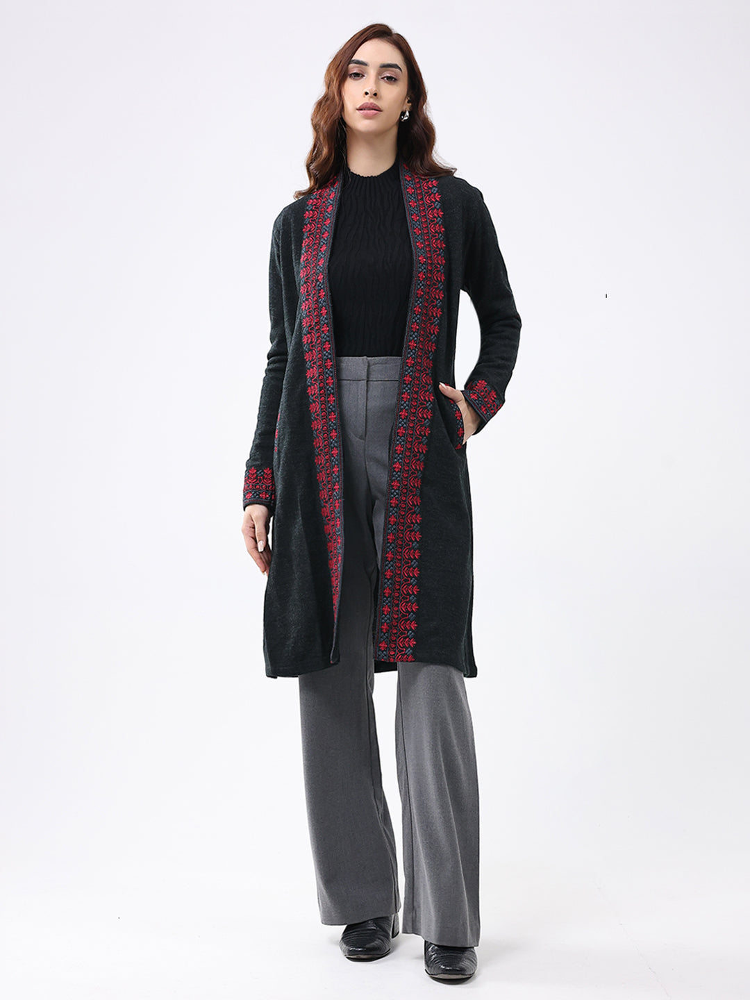 Women Black Self Design Collar Full Sleeve Cardigan